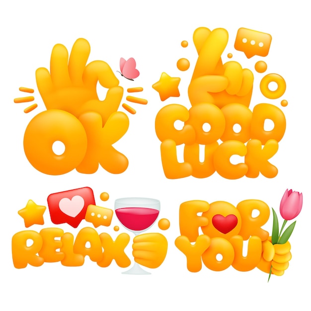 Set of emoji yellow hands in various gestures with titles Ok, Good luck, relax, for you.