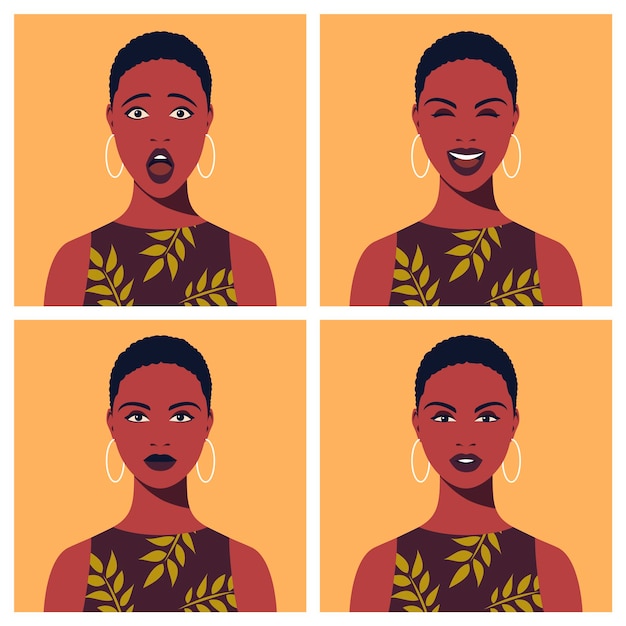 Set of emotions of african american woman's face