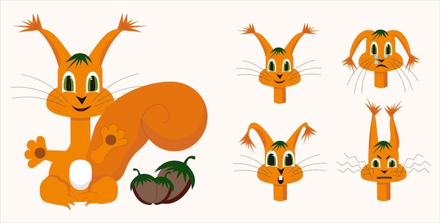 Set emotions squirrel Happy sad crying astonishment and agry expressions head Vector illustration