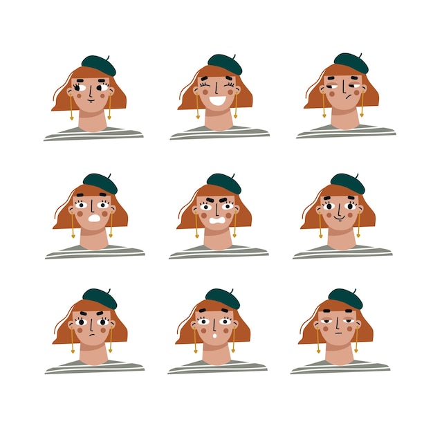 Set of emotions. Young woman with various emotions. Vector illustration