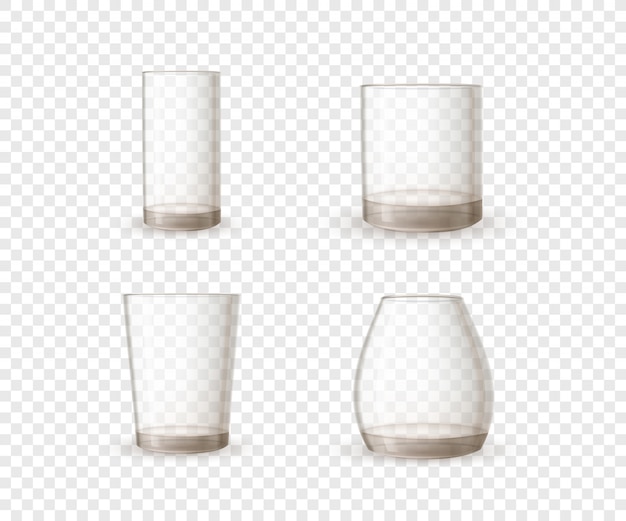 Set of empty realistic glossy glasses in different shape on transparent background