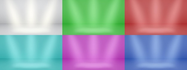 Set of empty studio backgrounds with soft lighting in white red light blue purple blue and green colors