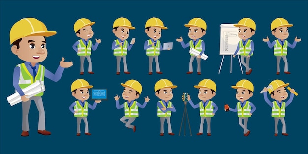 Set of engineer with different poses