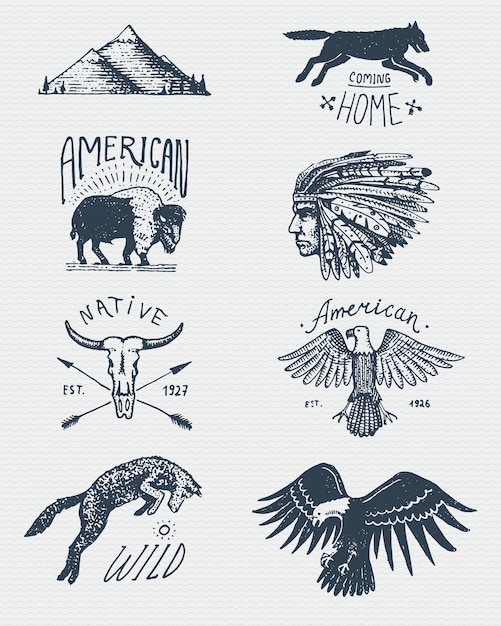 Set of engraved vintage hand drawn old labels or badges for camping hiking hunting with bald eagle buffalo skull wolf and mountains with red skinned indian native american