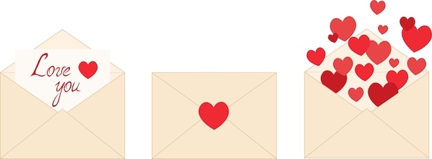 A set of envelopes with red hearts isolated on a white background.