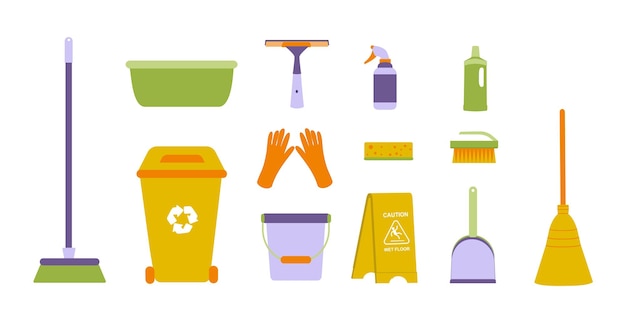 A set of equipment for cleaning a garbage can a bucket a basin a broom gloves a brush a sponge a spray gun a sign carefully wet the floor Vector illustration isolated on white background