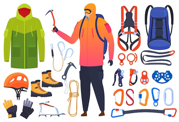 Set of equipment for climbing, climbers. Insurance, carbines, ice ax. Helmet, boots, claws, gloves. Extreme sports. 