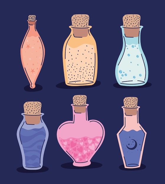 Set of esoteric potions on a purple illustration design