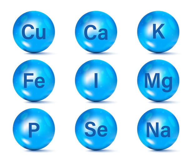 Set of Essential Mineral supplement icons. Minerals and multivitamin complex for health. Calcium Zinc Magnesium Manganese Iron Molybdenite Iodine Cobalt Chromium Copper Potassium Silicon Selenium