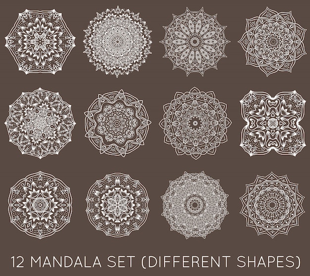 Set of Ethnic Fractal Mandala Vector Meditation Tattoo looks like Snowflake or Maya Aztec Pattern or Flower too Isolated on White