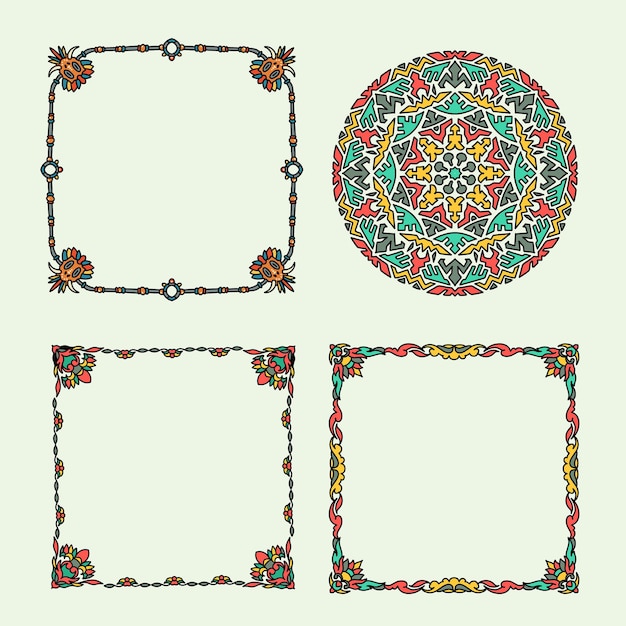 Set of ethnic ornament frame border hand drawn colorful style