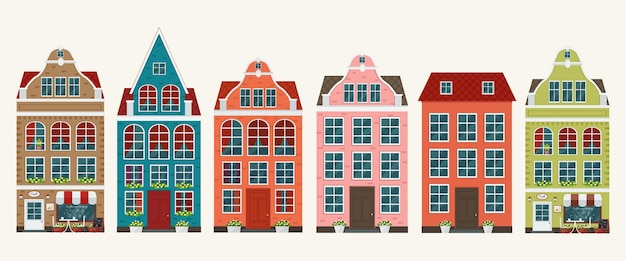 Set of european colorful old houses. Flat