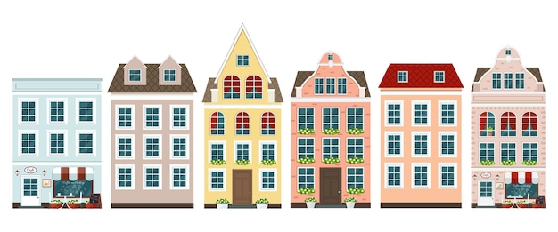 Set of european colorful old houses. Flat