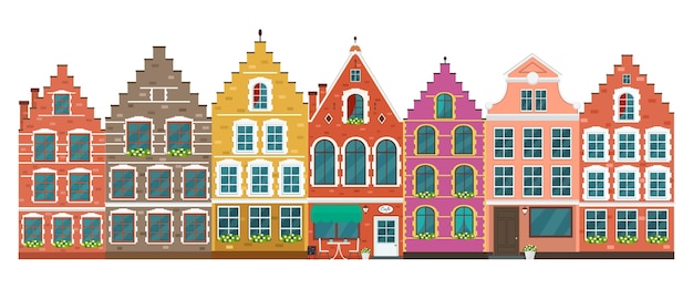 Set of european colorful old houses. Flat