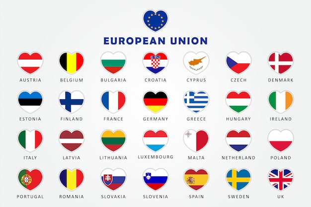 Set of European Union Countries heart flags