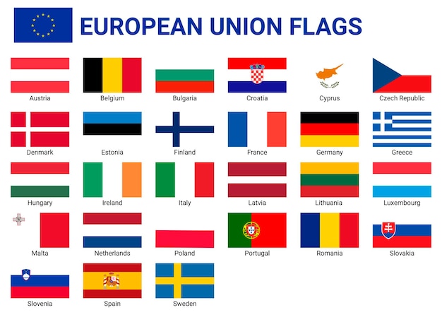 Set of European Union flags with country names. Political and economic signs and symbols.Europe flag