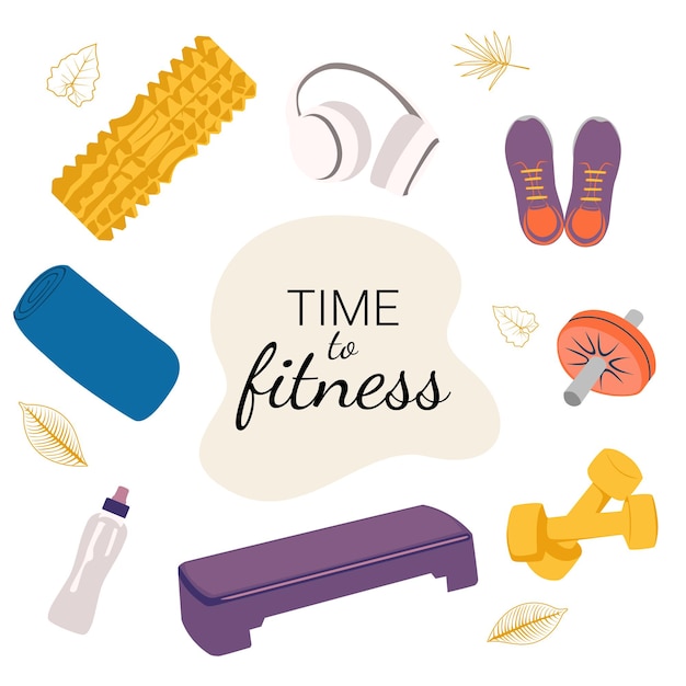 Set of Exercises equipment Time to fitness concept Flat Illustrations