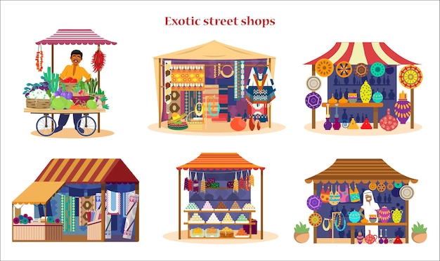 set of exotic Asian street shops