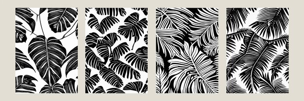 Set exotic leaves seamless pattern black white Stylish abstract vector decorative background Tropical palm leaves