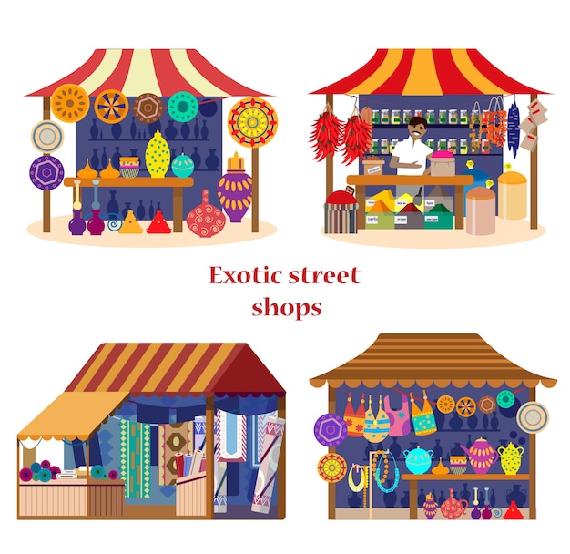 Set of exotic street shops in flat cartoon style Asian market