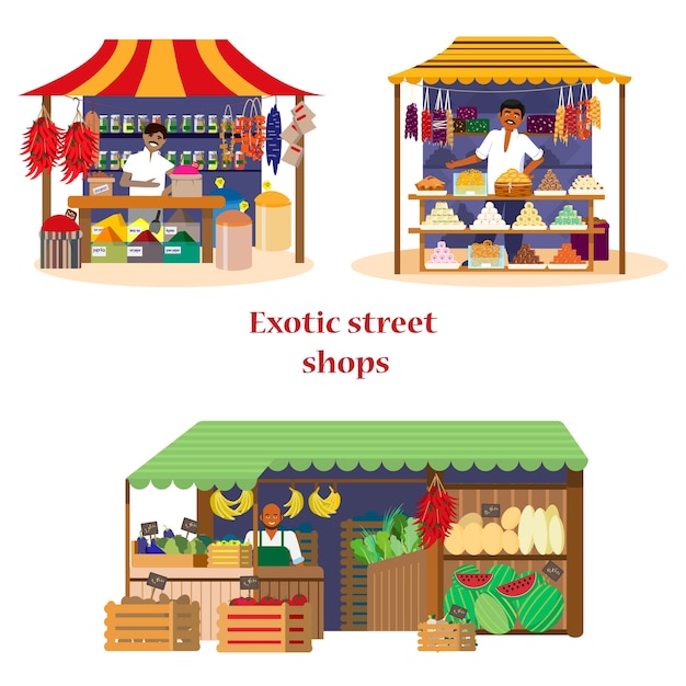 set of exotic street shops with sellers