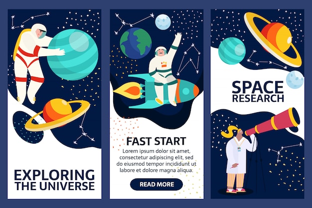 Set of exploring space banners .Spaceman in outer space with stars, moon, rocket, asteroids, constellation on background. Astronaut out of spaceship exploring universe and galaxy.