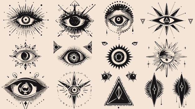 Vector a set of eye designs and symbols on a beige background