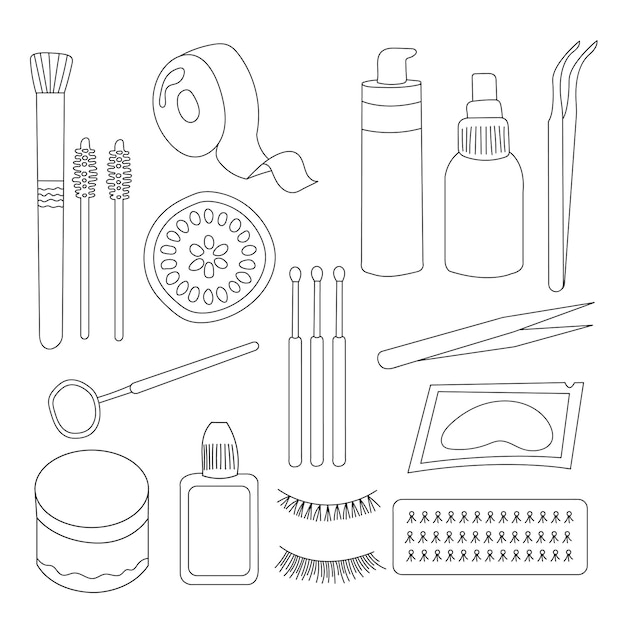 Set of eyelash extension tools isolated on background doodle