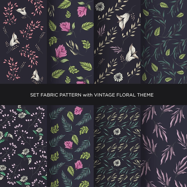 set fabric vintage floral pattern collection with dark background