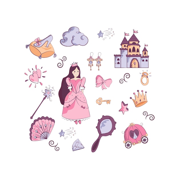 A set of fabulous elements for a little girl. Princess, carriage, castle, magic wand, slipper, mirror, cloud. Vector illustration in flat style for baby design