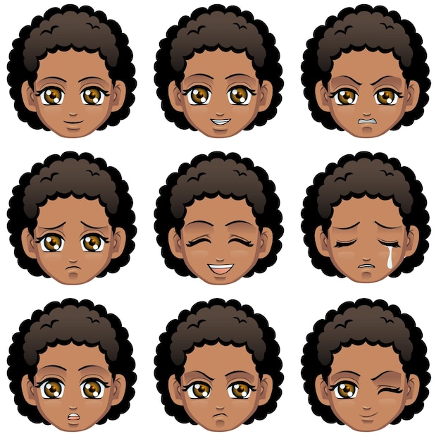 Vector a set of faces of a girl with different expressions african descent