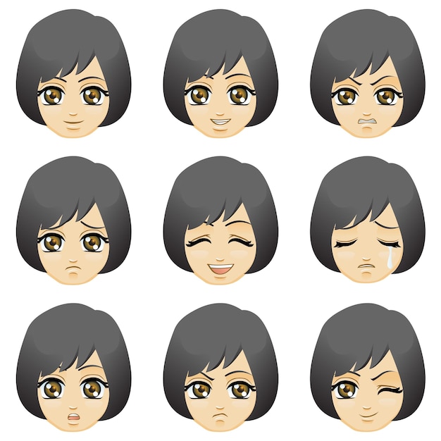 Vector a set of faces of a girl with different expressions asian descent