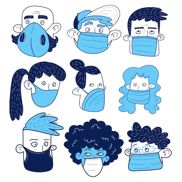 Set of  faces of people with masks. Hand-drawing.