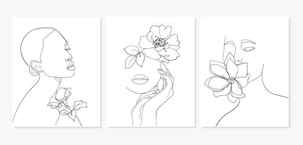 Set of faces with flower Abstract minimal portrait Vector illustration