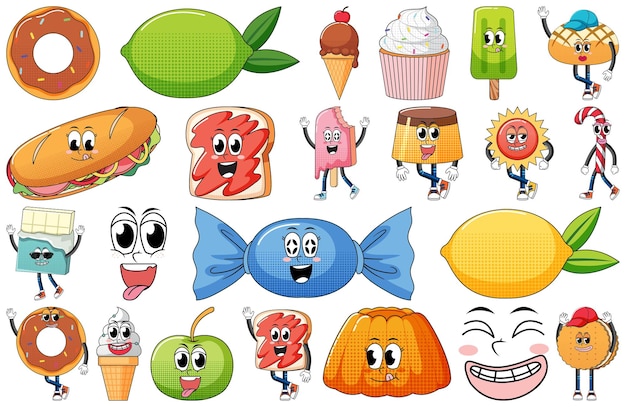 Set of facial expression with vintage style food cartoon on whit