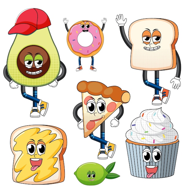 Set of facial expression with vintage style food cartoon on whit