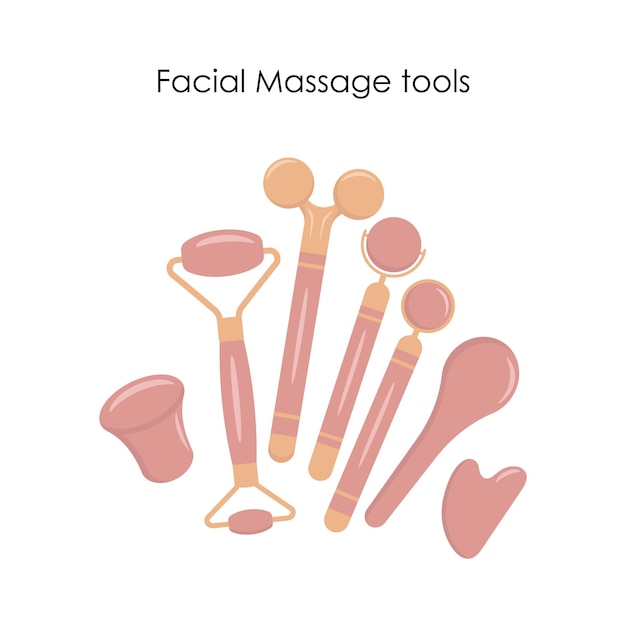 Set of facial massage tools The tension melting massage for face and neck Accessories for skin Massage rollers mushroom gua sha and gua sha scraper gua sha spoon Flat vector illustration