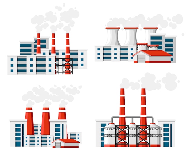 Set of factories with smoke pipes. Environmental pollution problem. Earth factory pollute with carbon gas.  illustration.  illustration  on white background.