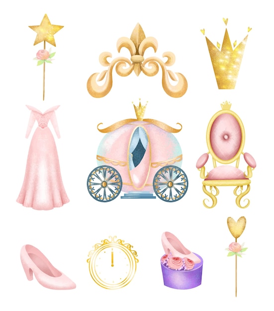 Set of fairy tale princess elements, baby girl shower clipart