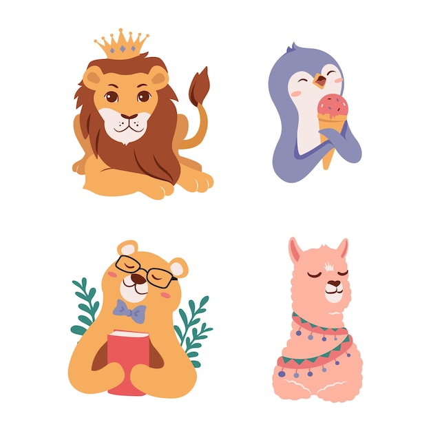 Set of Fairytale animals in vector illustrations The collection of kids cartoon lion penguin bear llama for logo designs stickers tshirts etc