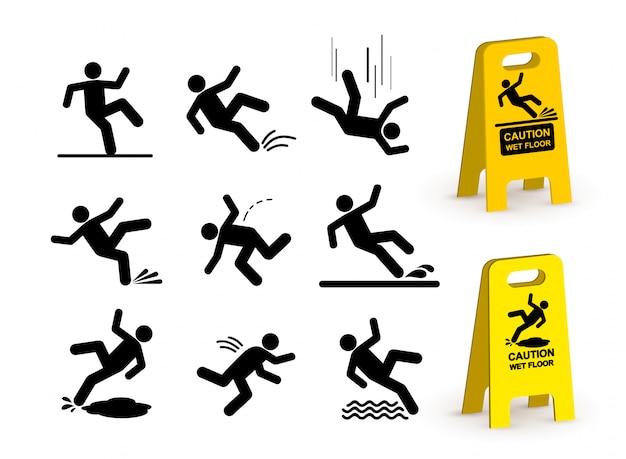 Set of falling person silhouette pictogram.