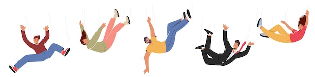 Vector set of falling unhappy male and female characters. shocked people falling down due stumbling, slipping, accident, injury, danger, risk, mental disorder, loneliness concept. cartoon vector illustration