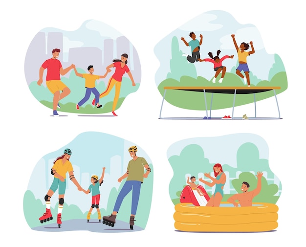 Set Family Activities Happy Mother Father And Children Walking Kids Jumping On Trampoline Young Parents And Daughter