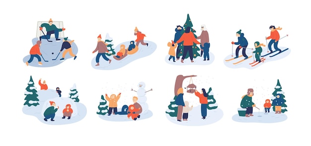 Set of family winter leisure activities. Mother, father and child having fun outdoors together - playing ice hockey, feeding birds, fishing, throwing snowballs. Flat cartoon vector illustration.