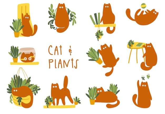 Set of fanny cat character and plants.