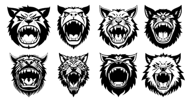 Set of fantastic animal heads with open mouth and bared fangs with different angry expressions of the muzzle Symbols for tattoo emblem or logo isolated on a white background