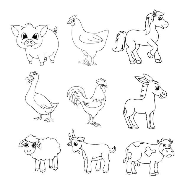 Vector set of farm animals cartoon coloring page illustration vector for kids coloring book