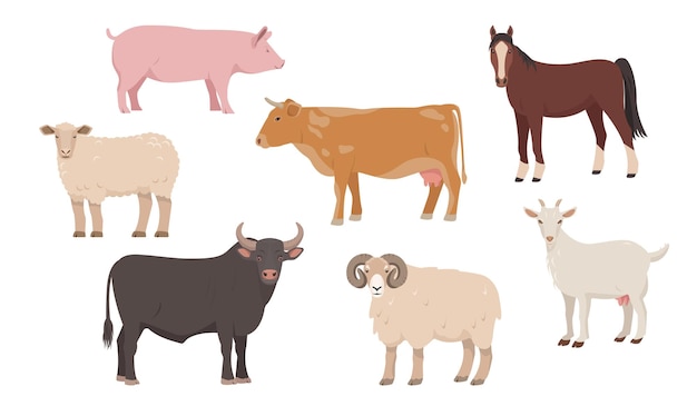 Set of farm animals in different poses and colors Cow bull sheep pig ram horse and goat