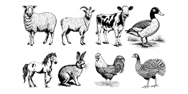 Set of farm animals woodcut engraved style drawing vector