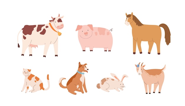 Set of farm and domestic animals and pets. Adorable cow with bell, funny pig, horse, goat, rabbit, dog with collar and cat. Childish colored flat vector illustration isolated on white background.